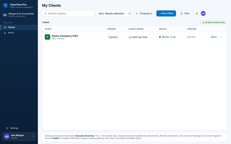 My Clients list with the Demo Company, its periods, latest period and health score